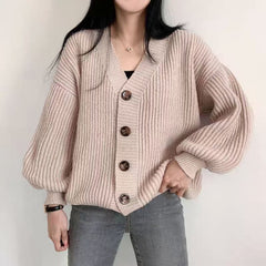 Solid Color V-Neck Casual Oversized Cardigan