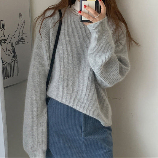 Korean Style Crewneck Knitted Sweater – Thick Loose Pullover in 3 Colours