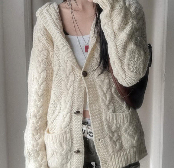 Twist-knit hooded cardigan in White, front view