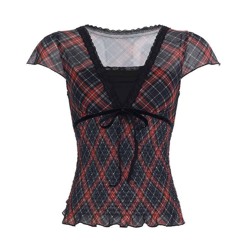 2000s Mesh Lace Trim V-Neck Top – Plaid Faux Two-Piece Smocked Ruffle Tee S–L