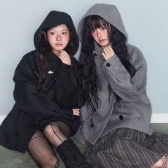 Womens Double Breasted Wool Blend Coat with Hood