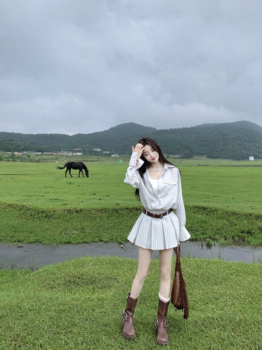 Long-sleeved striped shirt dress