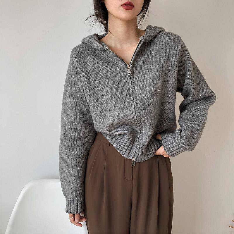 Solid Color Zip Up Hooded Knitted Cardigan - fairypeony