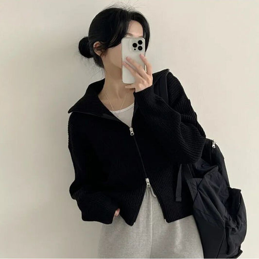 Solid Color Oversized Zip Up Cardigan