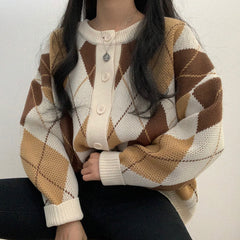 Vintage Argyle Print Oversized Cardigan