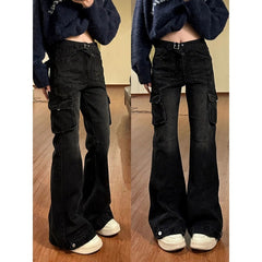Vintage Wash High Waist Cargo Jeans