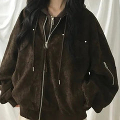 Faux two-piece hooded biker jacket in brown, front view
