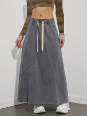 Elastic Waist Drawstring Flared Denim Skirt