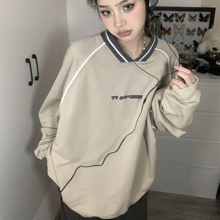 Print V Neck Patchwork Sweatshirt - fairypeony