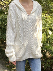 White hooded cable-knit sweater