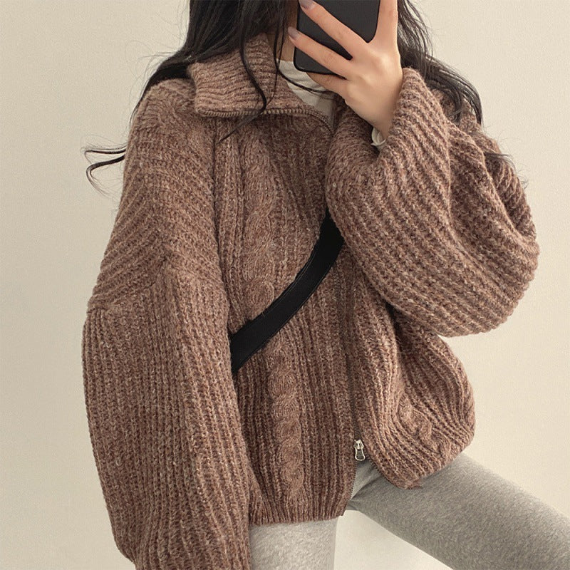 Cable Knit Oversized Zip Up Cardigan - fairypeony