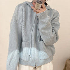 Solid Hooded Zip Up Knit Cardigan