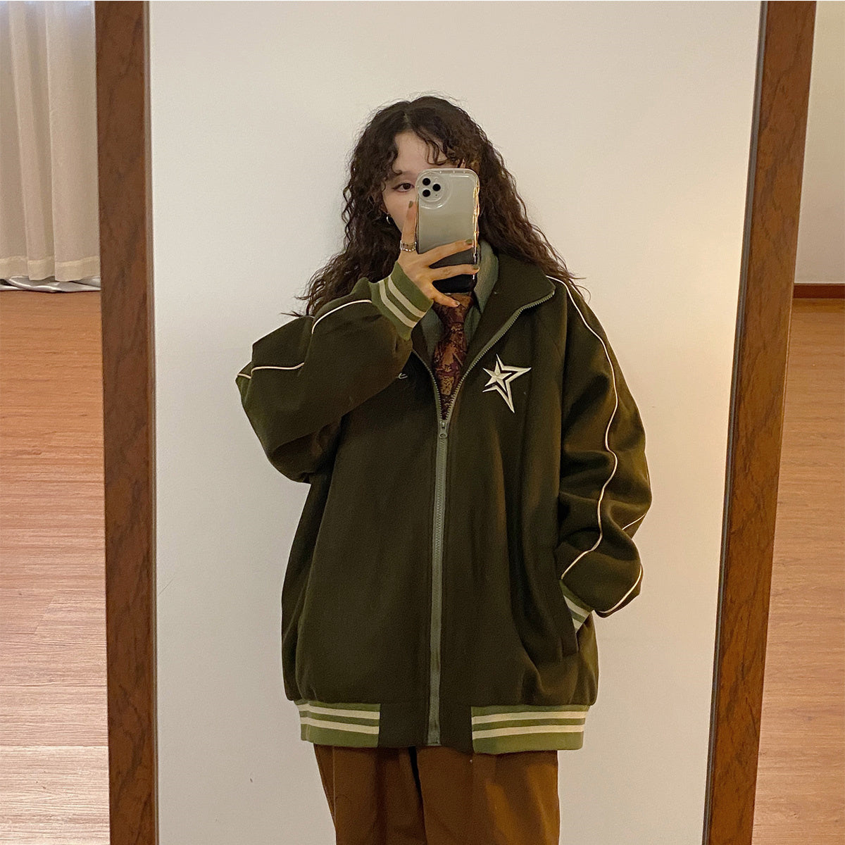 Vintage Embroidery Star Zip Up Oversized Jacket - fairypeony