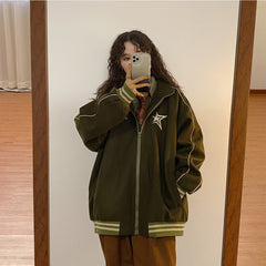 Vintage Embroidery Star Zip Up Oversized Jacket - fairypeony