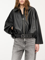 Womens Vintage Faux Leather Jacket with Belt