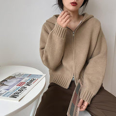 Solid Color Zip Up Hooded Knitted Cardigan - fairypeony