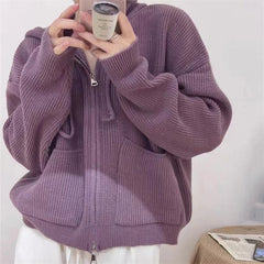 Solid Hooded Zip Up Knit Cardigan