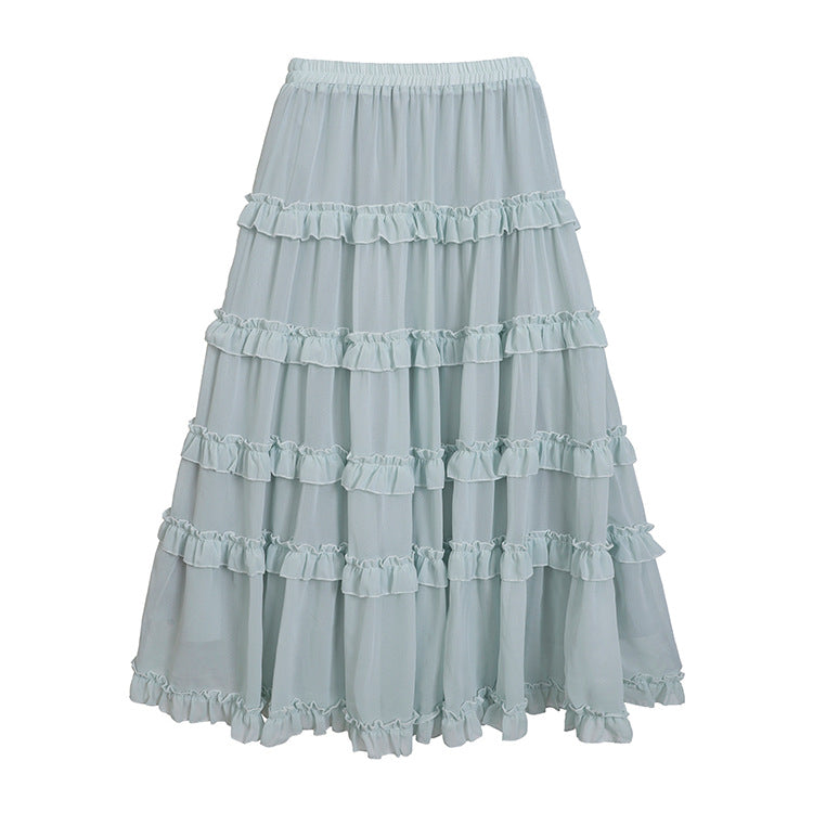 French Ruffled Flared Chiffon Maxi Skirt - fairypeony