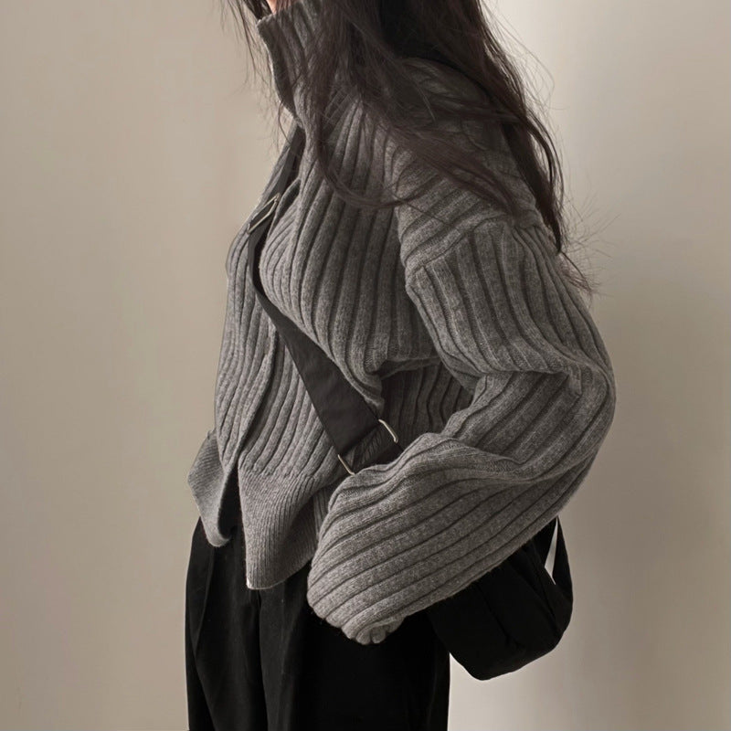 Solid Color Striped Button Front Cardigan - fairypeony