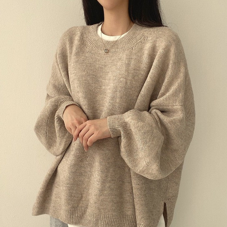 Oversized Split Hem Pullover Sweater - fairypeony