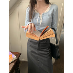 Lace Trim Front Tie Long Sleeve Tee