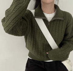 Vintage Lapel Neck Cable Knit Sweater