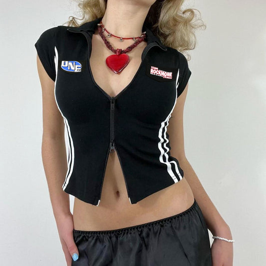 Lapel Collar Contrast Zip Short Sleeve Tee - fairypeony