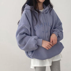 Solid Color Letter Embroidery Oversized Hoodie