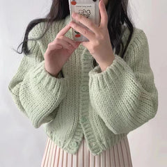 Round Neck Lantern Sleeve Knitted Cardigan