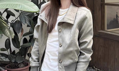 Retro high-street cropped coat in dark green-grey, button detail