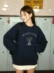 Pure cotton navy blue round-neck pullover for women
