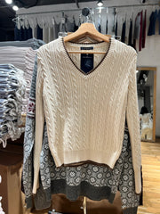 2000s Cream Cable Knit V-Neck Sweater – Preppy Brown Contrast Trim Pullover One Size