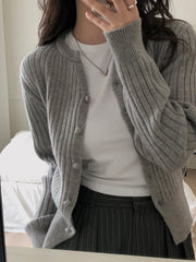 Round Neck Solid Color Rib Long Sleeve Cardigan