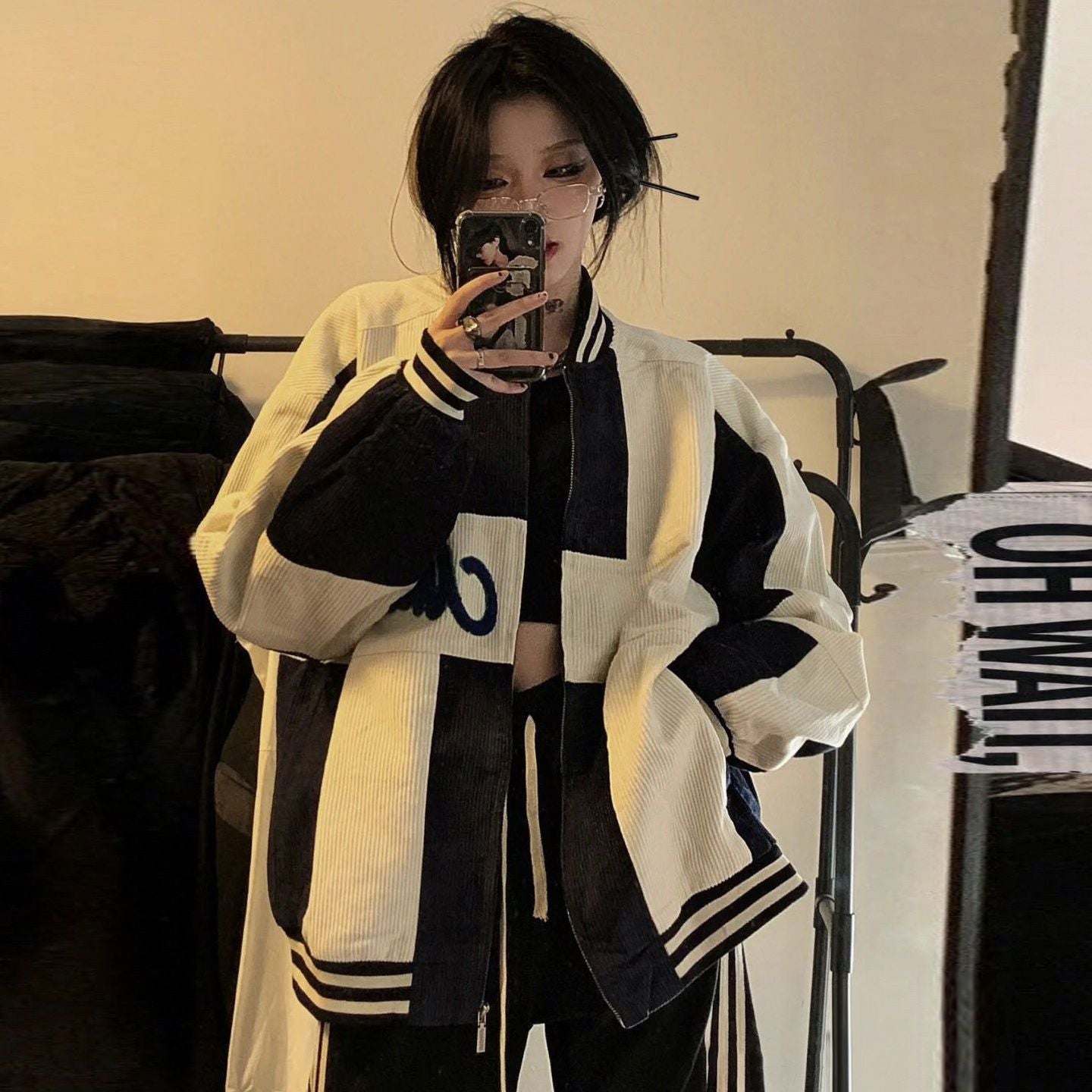 Color Block Zip Up Corduroy Bomber Jacket - fairypeony