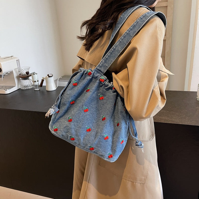 Cherry Embroidery Denim Shoulder Bag - fairypeony