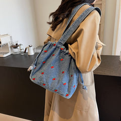 Cherry Embroidery Denim Shoulder Bag - fairypeony