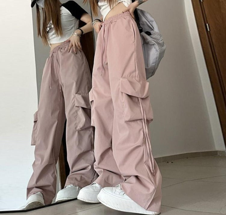 Baggy Drawstring Parachute Cargo Pants - fairypeony