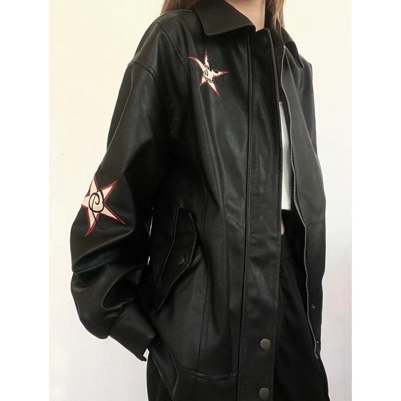 Vintage Embroidered Star Pu Leather Jacket - fairypeony
