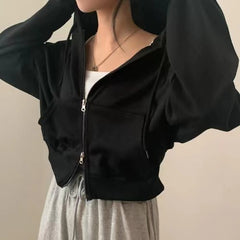 Solid Color Oversized Crop Zip Up Hoodie