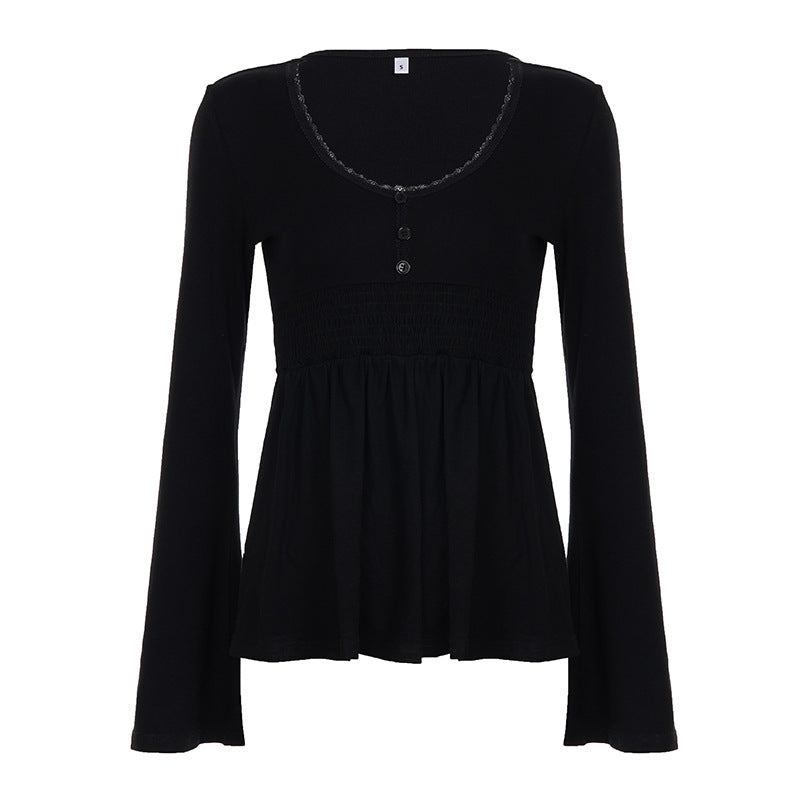 Lace Trimmed Doll Collar Slimming T-Shirt