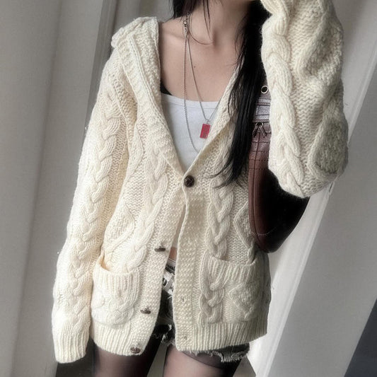 Women's Loose Twist-Knit Hooded Cardigan Long Sleeve Solid Color Jacket