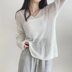 Solid Color Versatile Thin Sun Knitted Tee