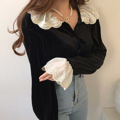 Vintage Velvet Lace Splice Long Sleeve Blouse - fairypeony