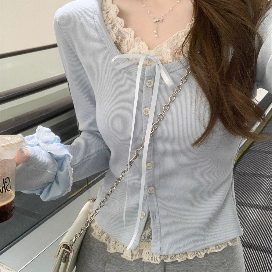 Aesthetic Lace Trim Fake Two Piece Tee - fairypeony