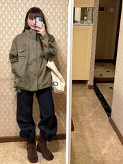 Retro Loose Stand Collar Jacket – 95% Cotton Work Jacket in Brown Green