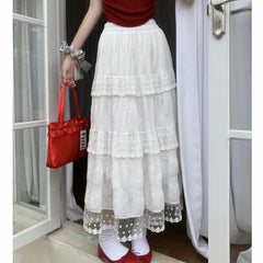 Solid Color Lace Patchwork Ruffled Maxi Skirt