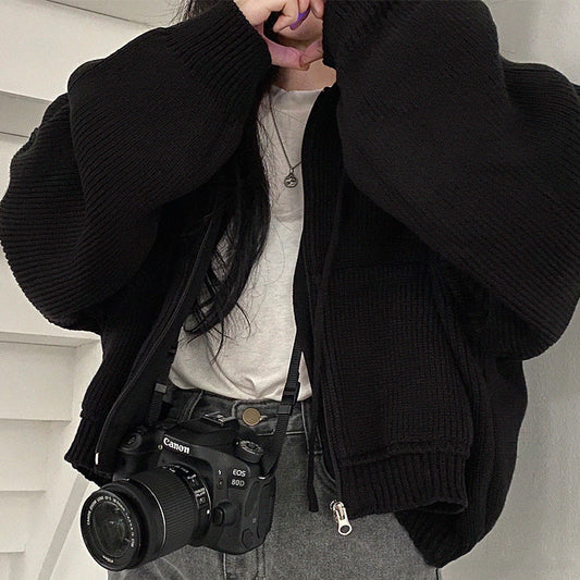 Solid Color Oversized Hooded Zip Up Cardigan