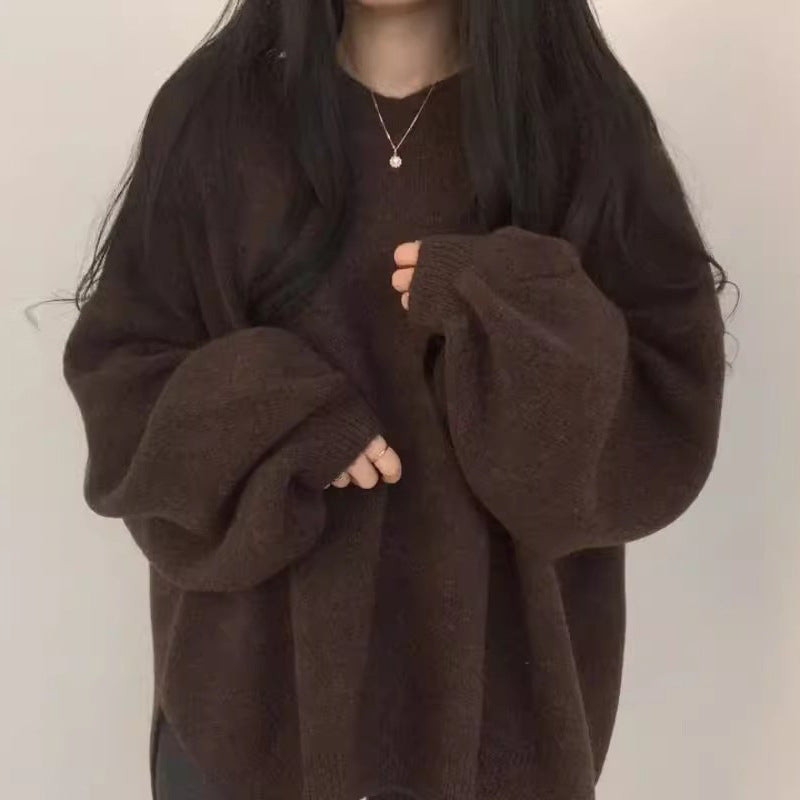 Round Neck Solid Color Oversized Sweater - fairypeony