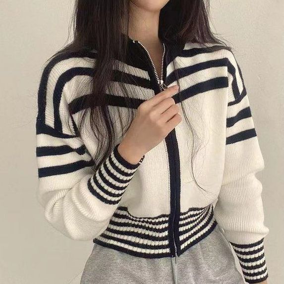 Collar Neck Stripe Short Cardigan - fairypeony