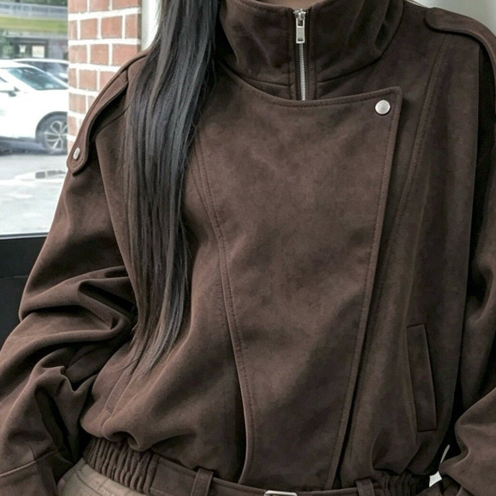 Retro foldable collar suede coat in brown, front view
